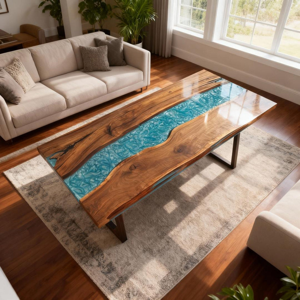 Table rivière personnalisée en résine époxy noyer noir et résine turquoise effet verre de mer LZP-684