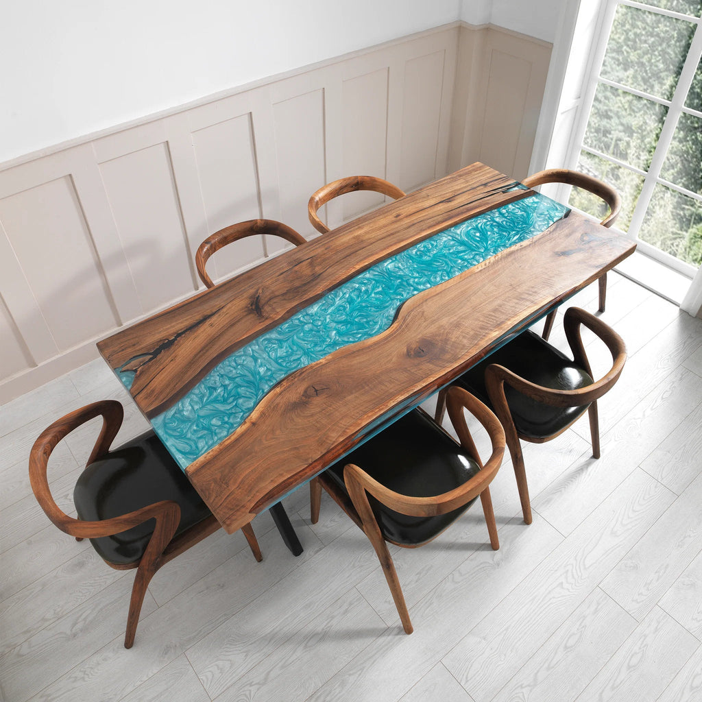 Table rivière personnalisée en résine époxy noyer noir et résine turquoise effet verre de mer LZP-684