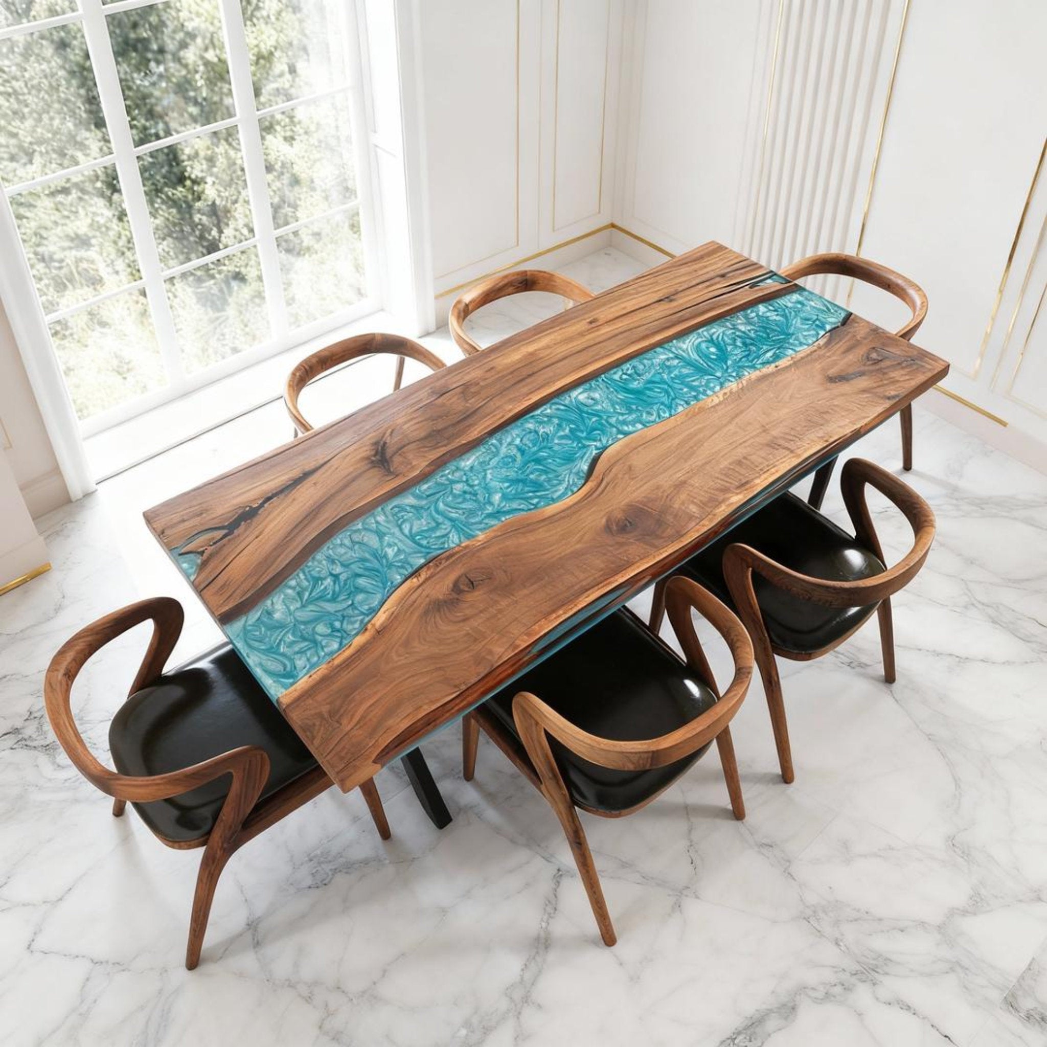 Table rivière personnalisée en résine époxy noyer noir et résine turquoise effet verre de mer LZP-684