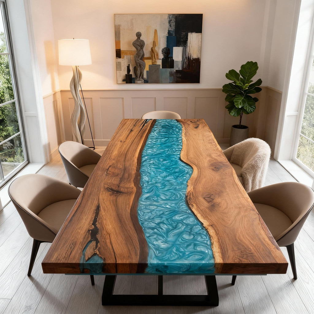 Table rivière personnalisée en résine époxy noyer noir et résine turquoise effet verre de mer LZP-684