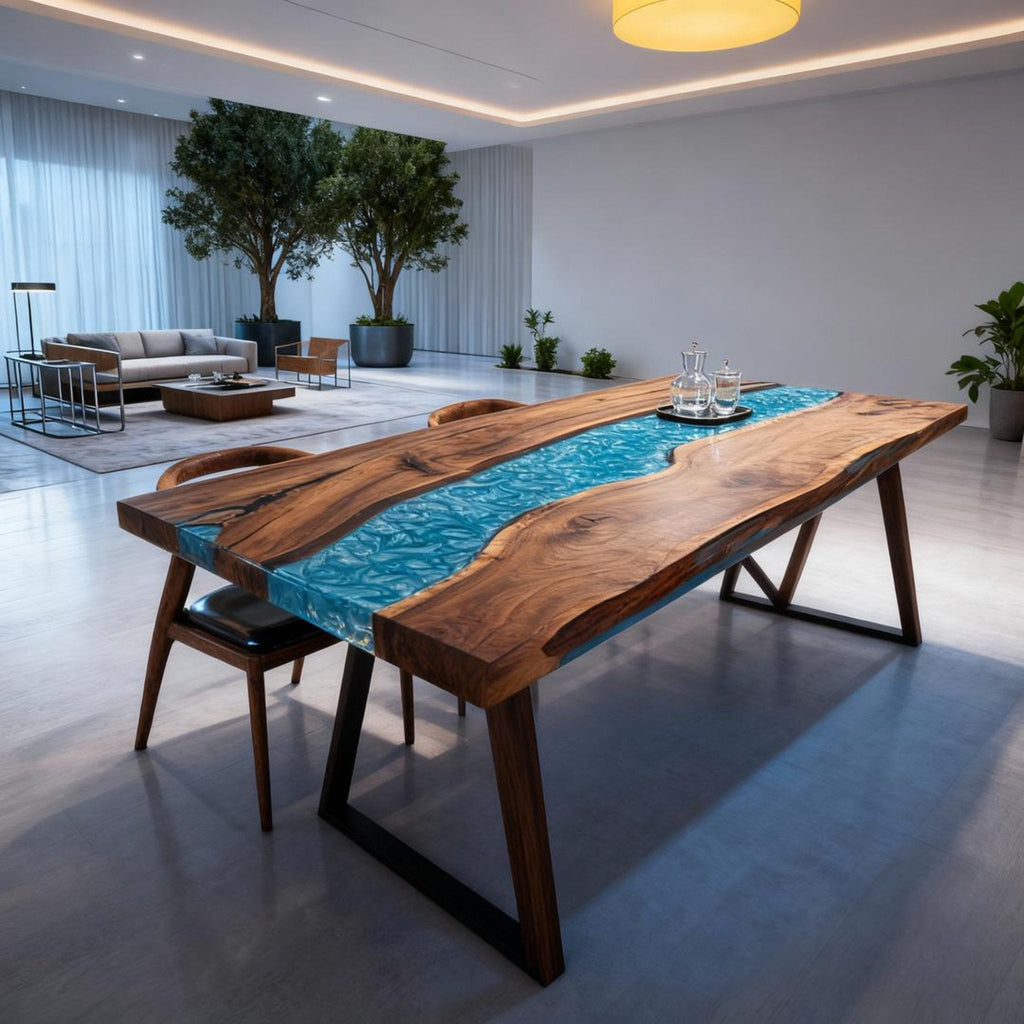 Table rivière personnalisée en résine époxy noyer noir et résine turquoise effet verre de mer LZP-684