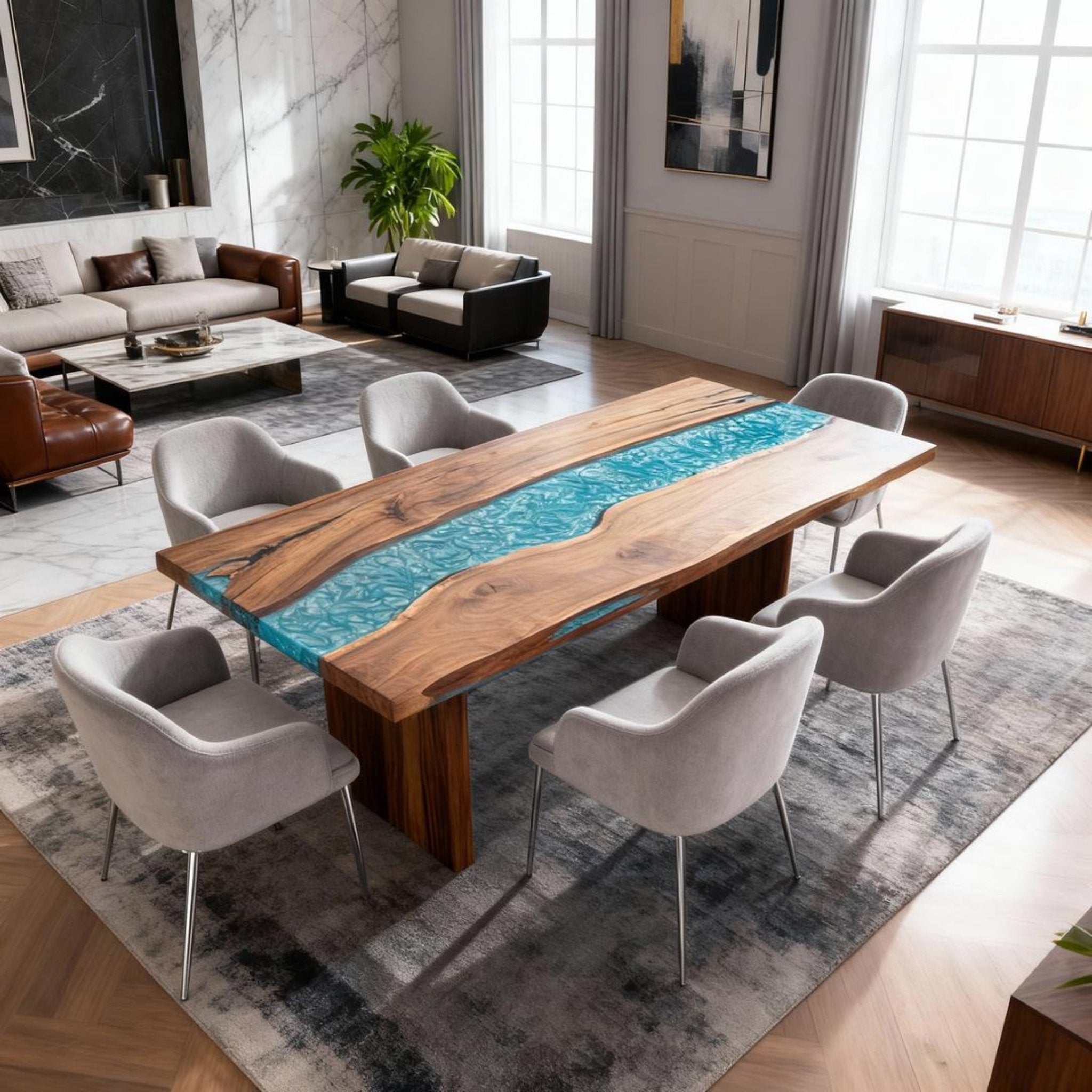 Table rivière personnalisée en résine époxy noyer noir et résine turquoise effet verre de mer LZP-684