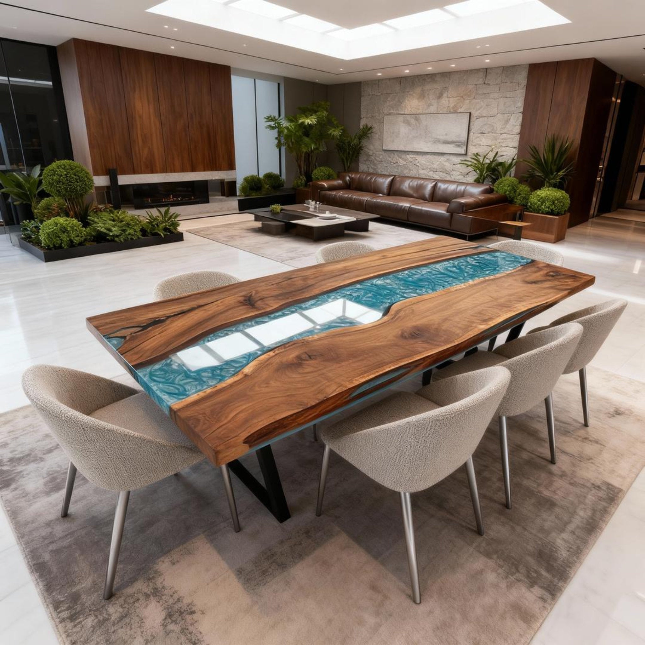 Table rivière personnalisée en résine époxy noyer noir et résine turquoise effet verre de mer LZP-684