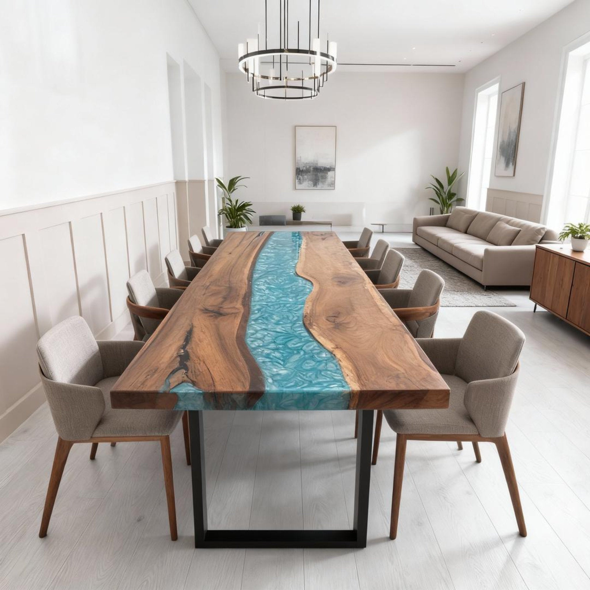 Table rivière personnalisée en résine époxy noyer noir et résine turquoise effet verre de mer LZP-684