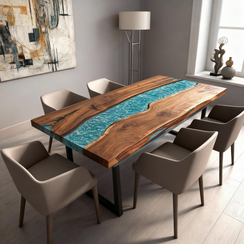 Table rivière personnalisée en résine époxy noyer noir et résine turquoise effet verre de mer LZP-684