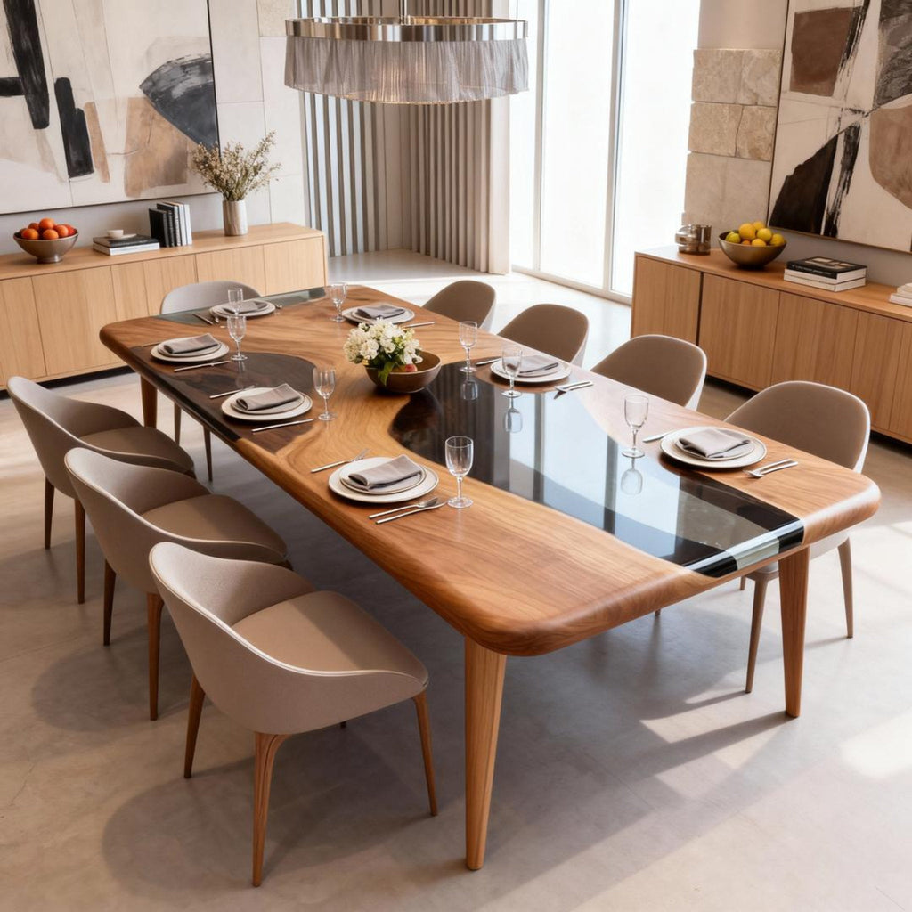 Table rivière personnalisée en résine époxy noyer noir et résine onyx fumée LQV-582