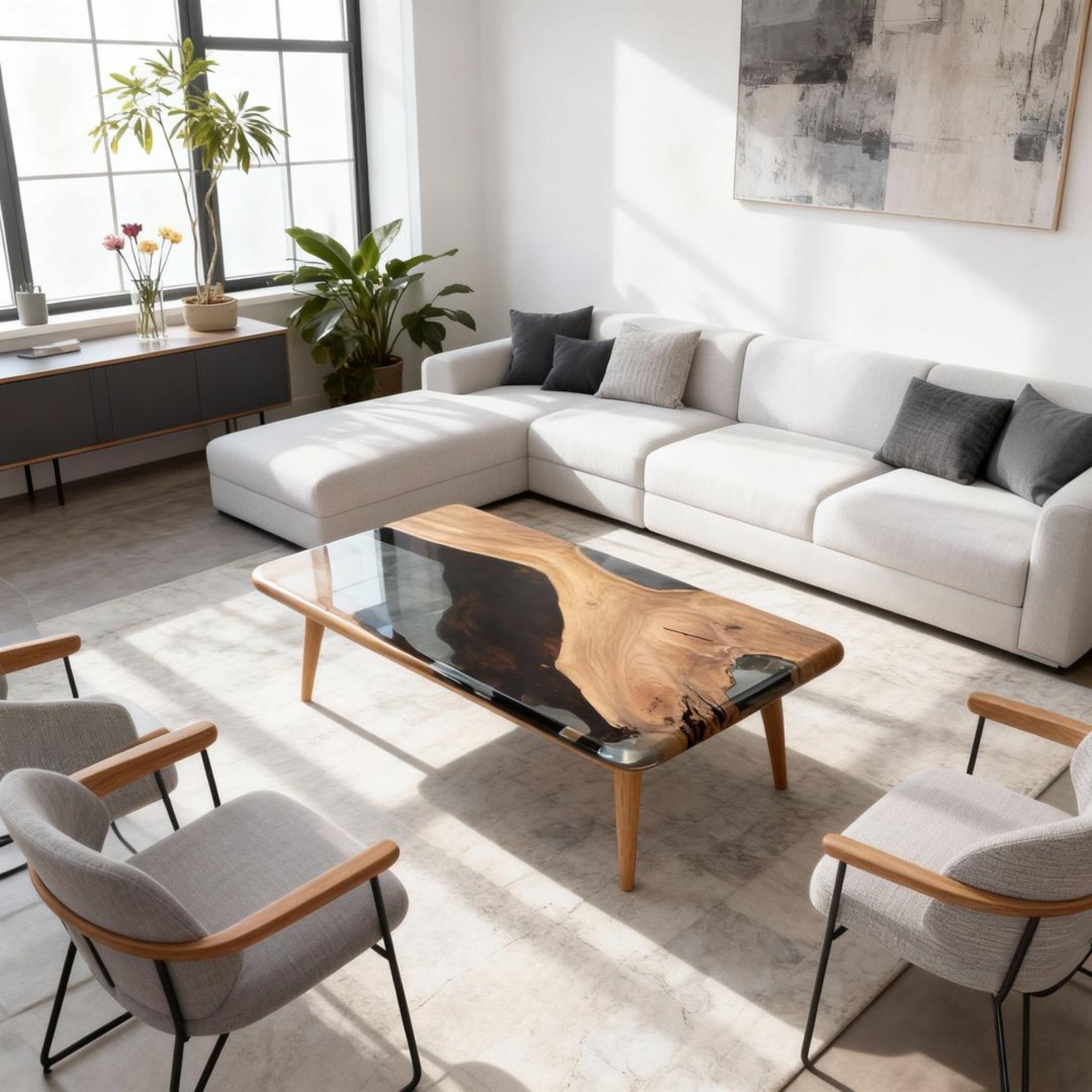 Table rivière personnalisée en résine époxy noyer noir et résine onyx fumée LQV-582