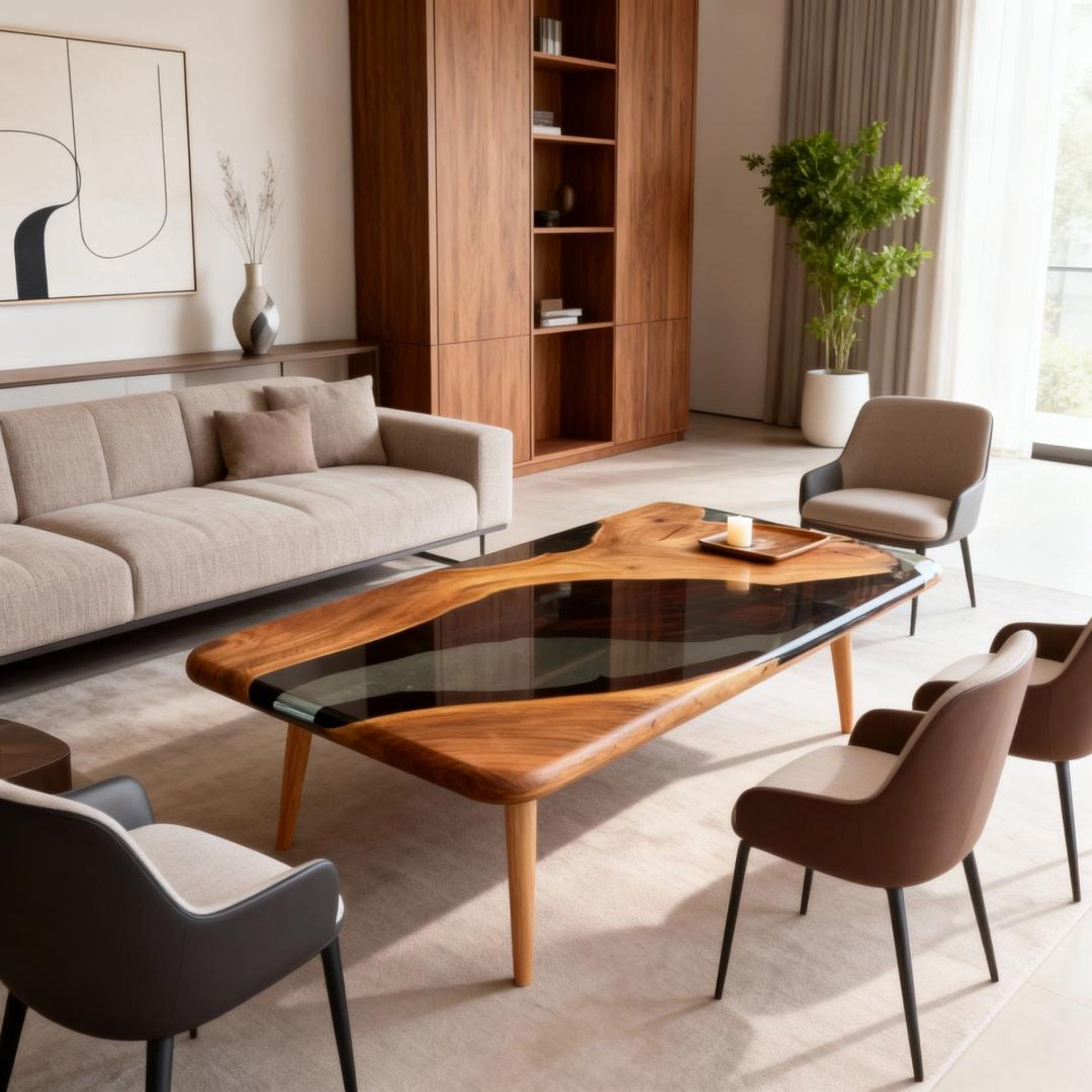 Table rivière personnalisée en résine époxy noyer noir et résine onyx fumée LQV-582