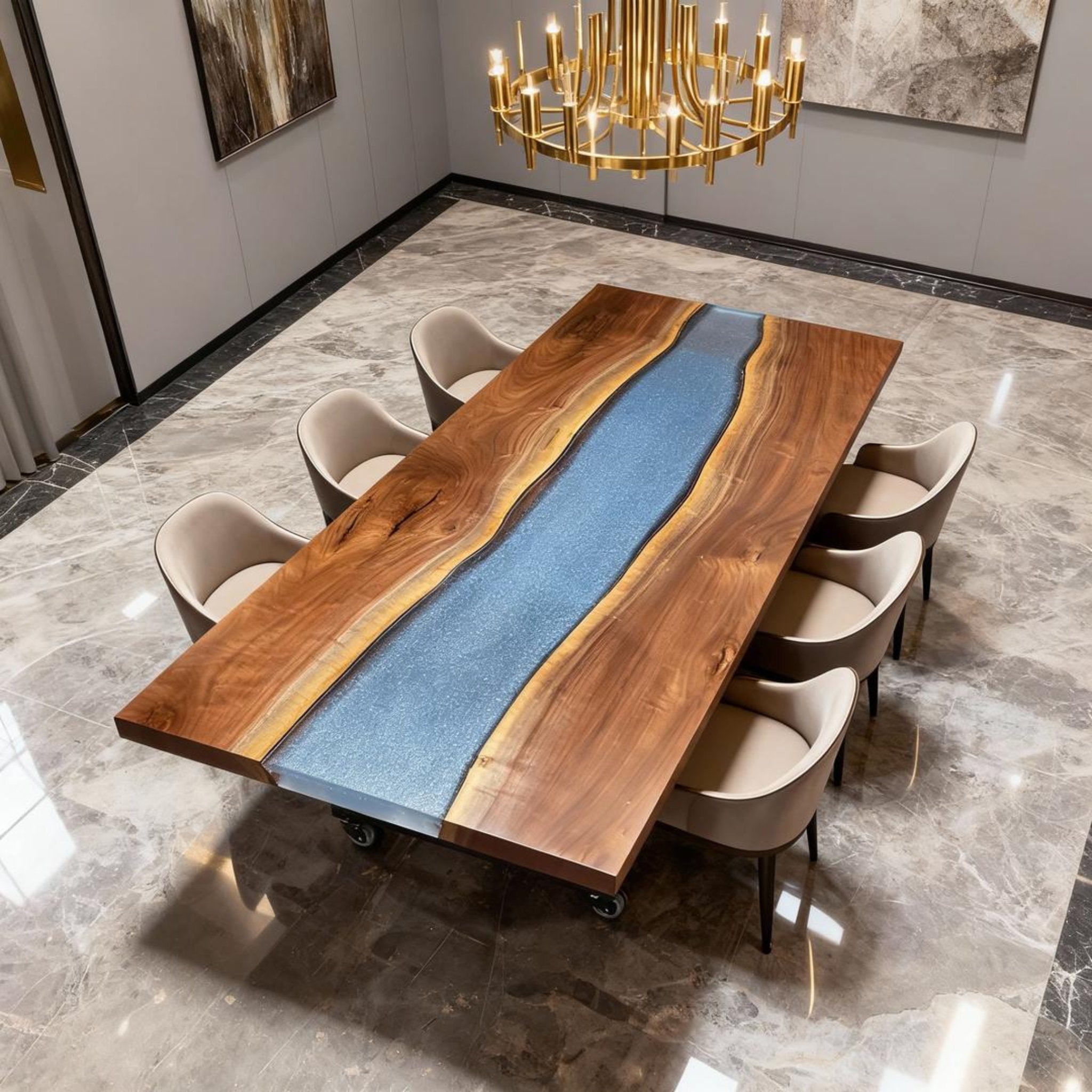 Table rivière personnalisée en résine époxy noyer noir, résine bleu acier ZQF-582