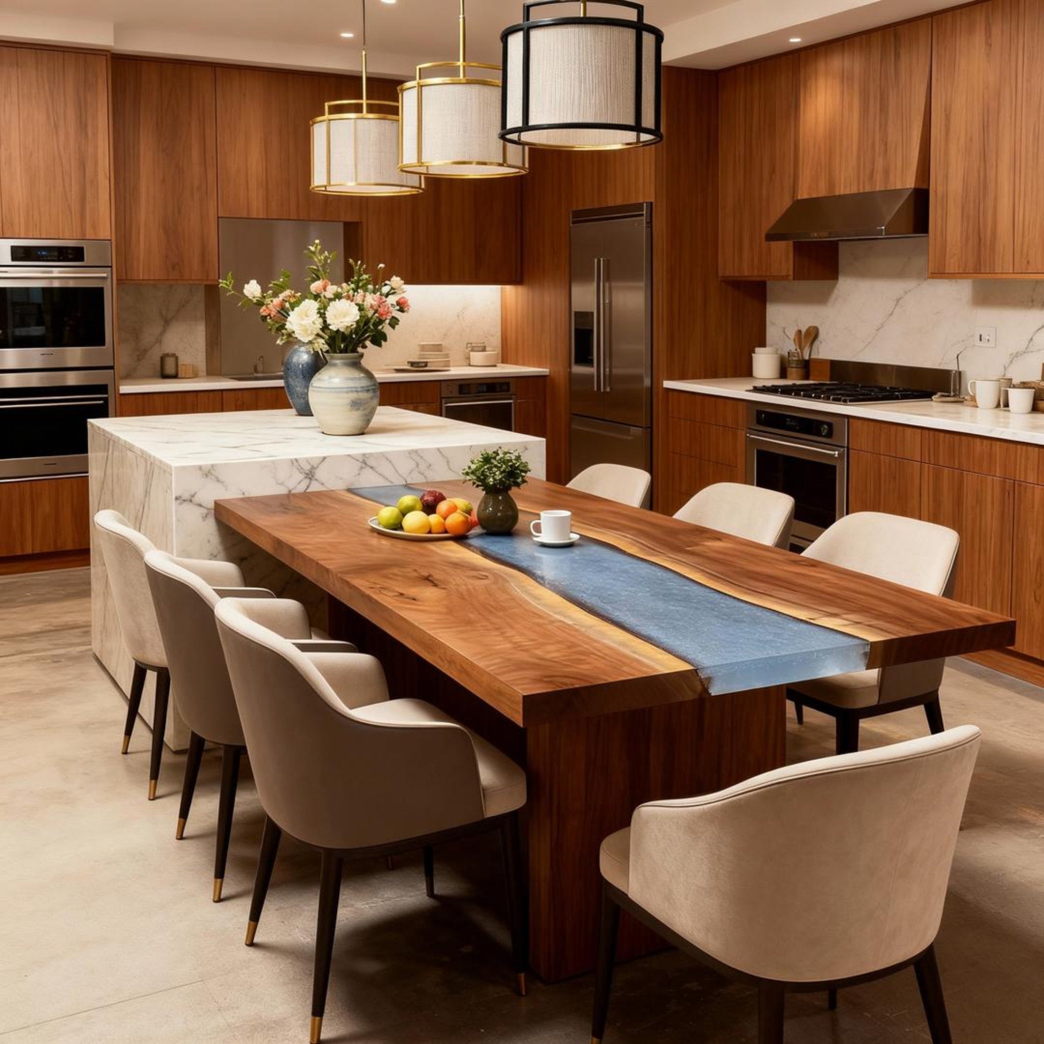 Table rivière personnalisée en résine époxy noyer noir, résine bleu acier ZQF-582