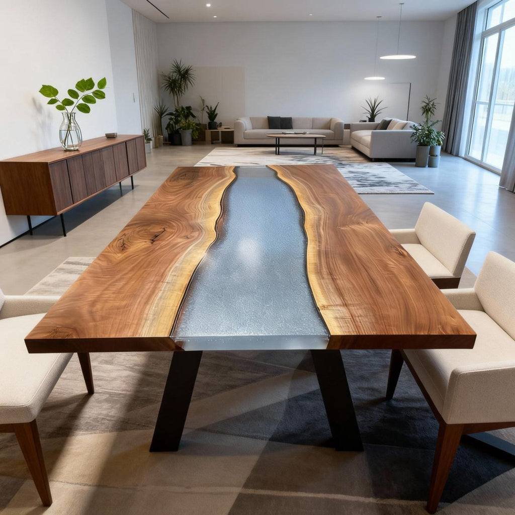 Table rivière personnalisée en résine époxy noyer noir, résine bleu acier ZQF-582