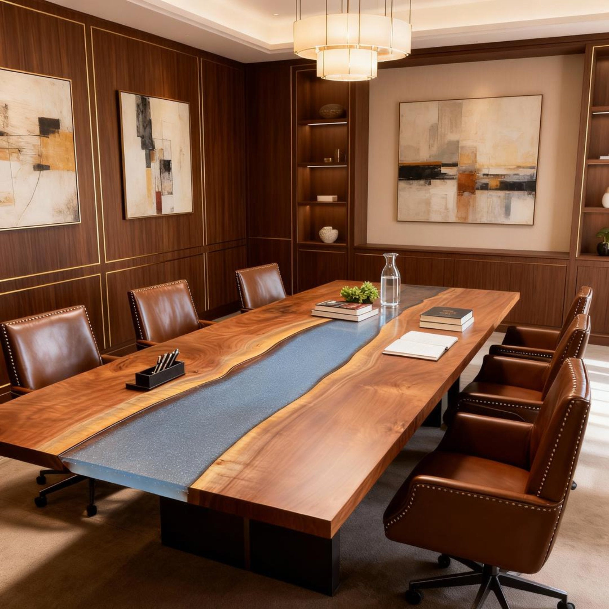 Table rivière personnalisée en résine époxy noyer noir, résine bleu acier ZQF-582