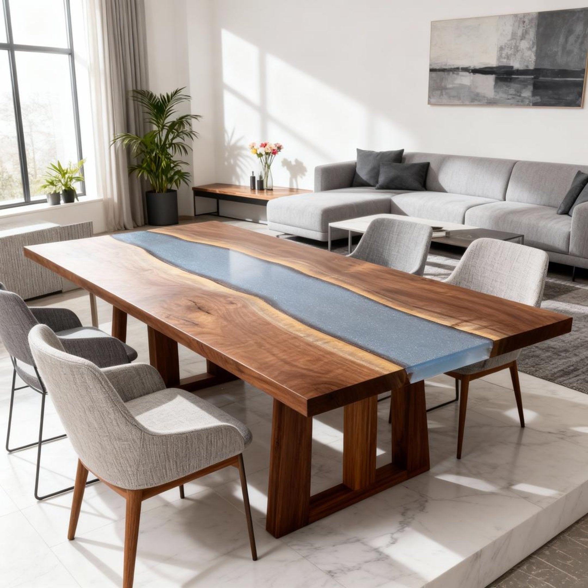 Table rivière personnalisée en résine époxy noyer noir, résine bleu acier ZQF-582