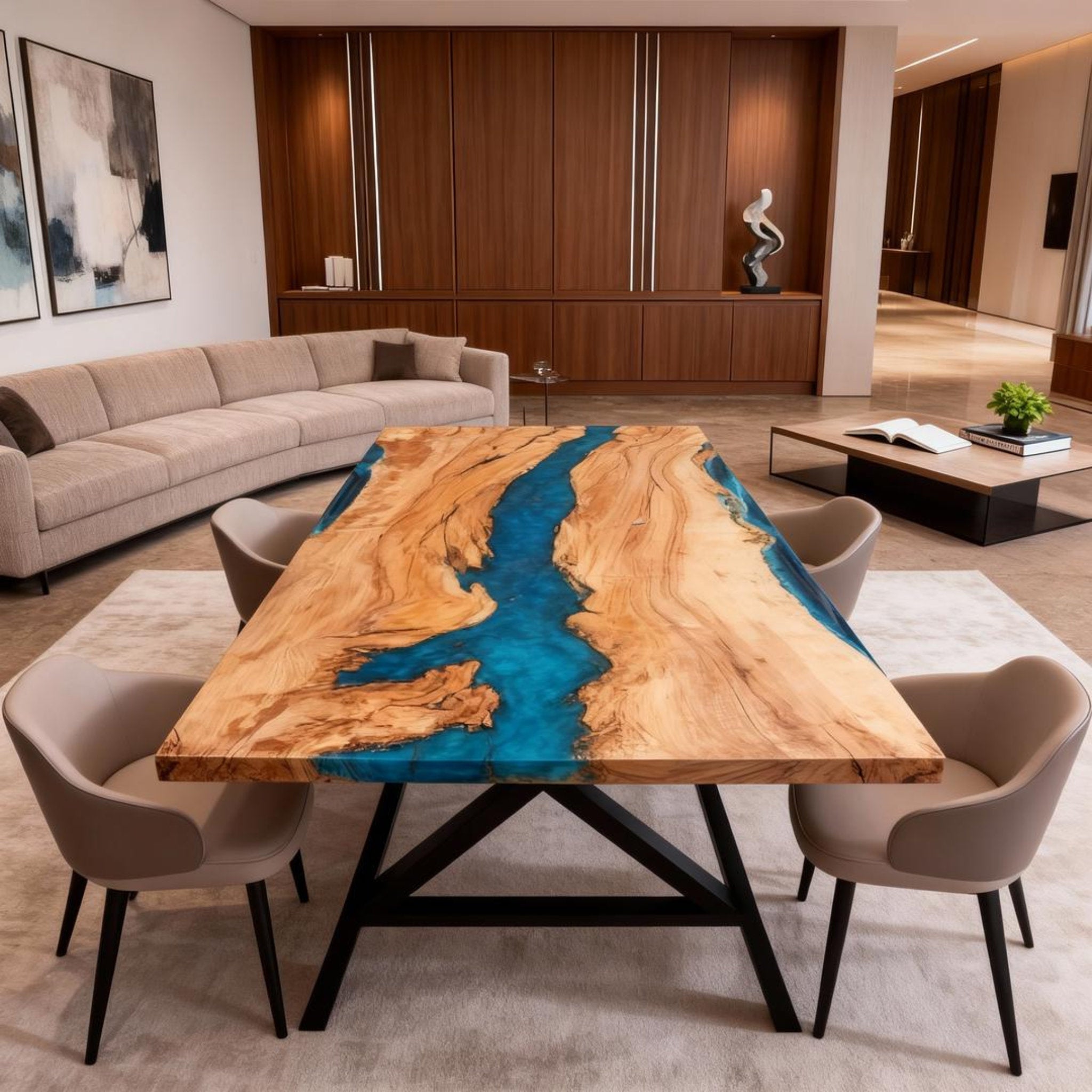 Table rivière sur mesure en bois d'olivier et résine époxy, bleu Égée VJP-684