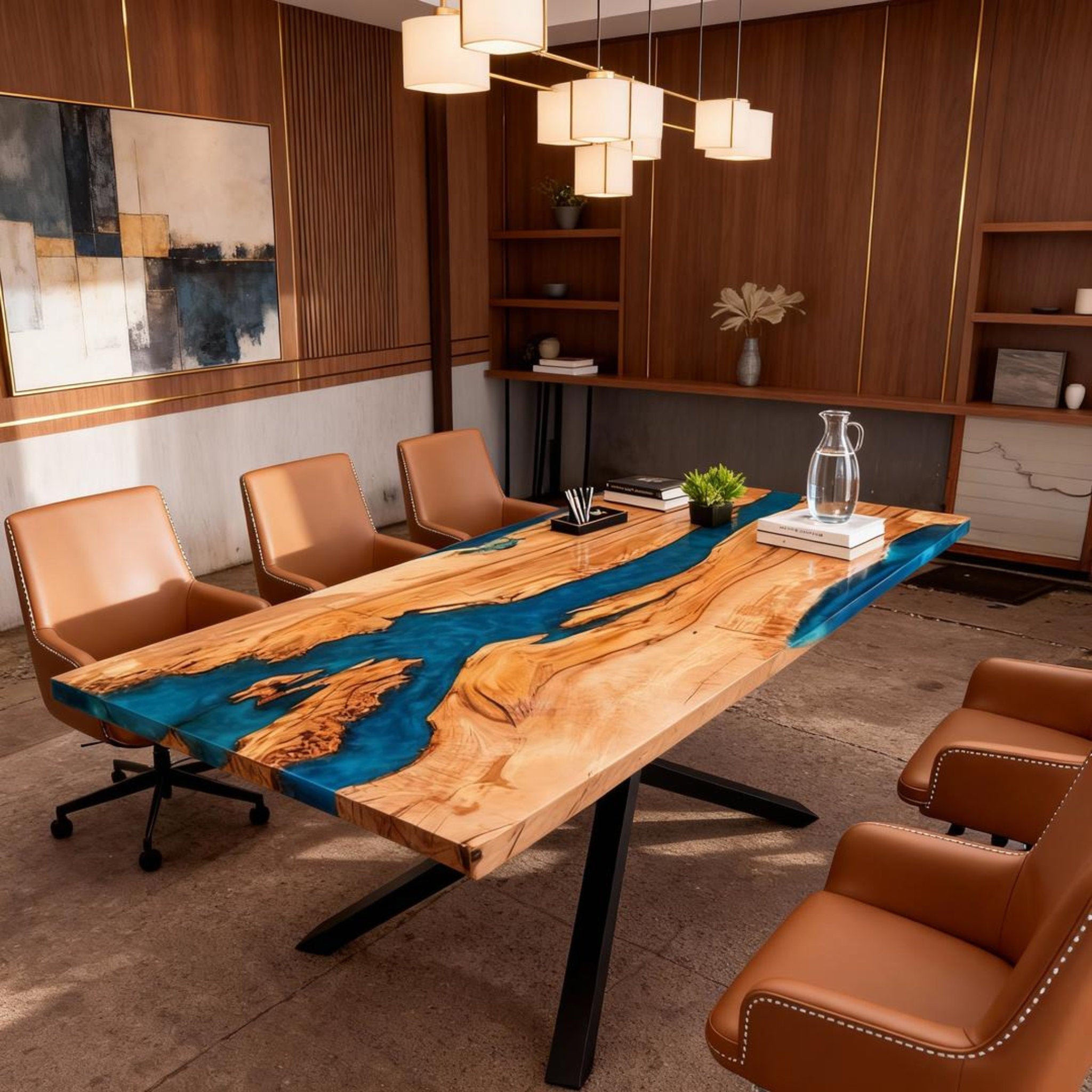 Table rivière sur mesure en bois d'olivier et résine époxy, bleu Égée VJP-684