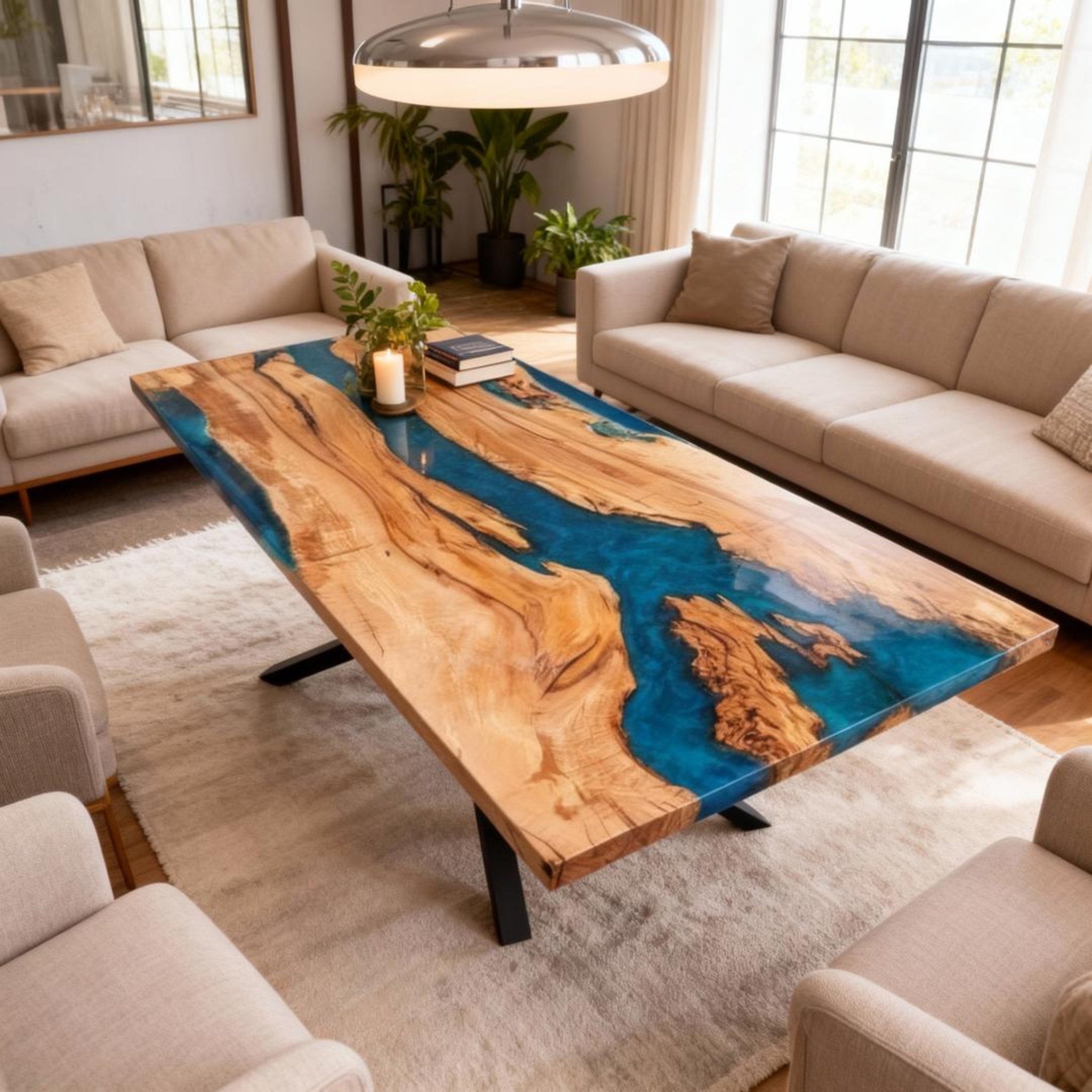 Table rivière sur mesure en bois d'olivier et résine époxy, bleu Égée VJP-684
