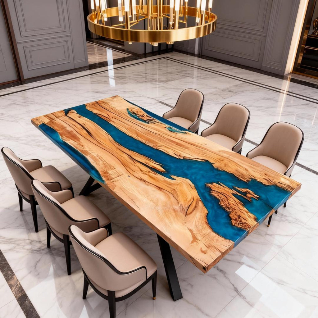 Table rivière sur mesure en bois d'olivier et résine époxy, bleu Égée VJP-684