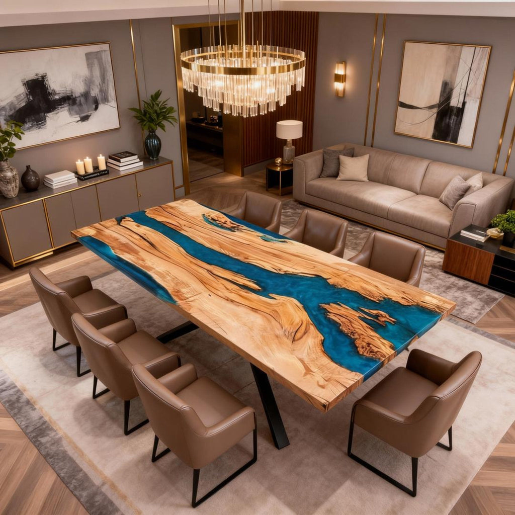 Table rivière sur mesure en bois d'olivier et résine époxy, bleu Égée VJP-684