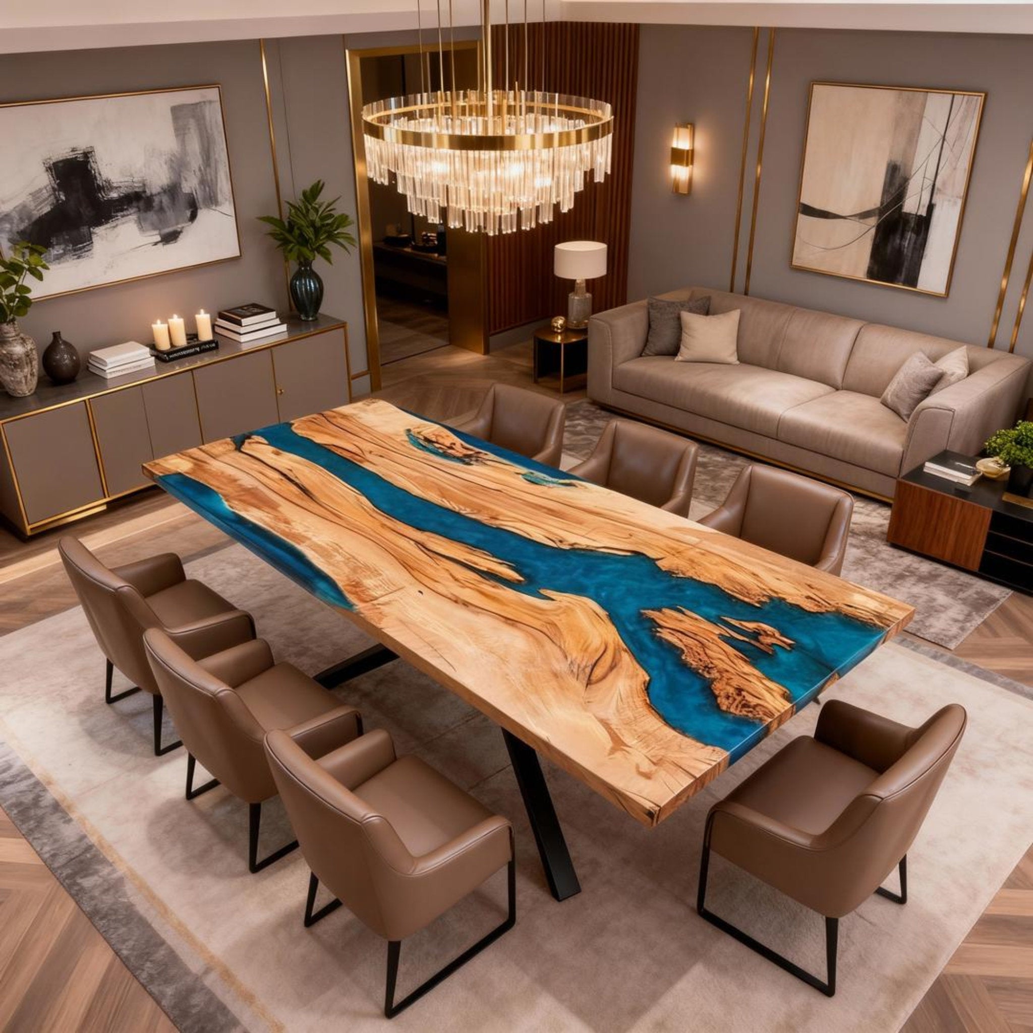 Table rivière sur mesure en bois d'olivier et résine époxy, bleu Égée VJP-684