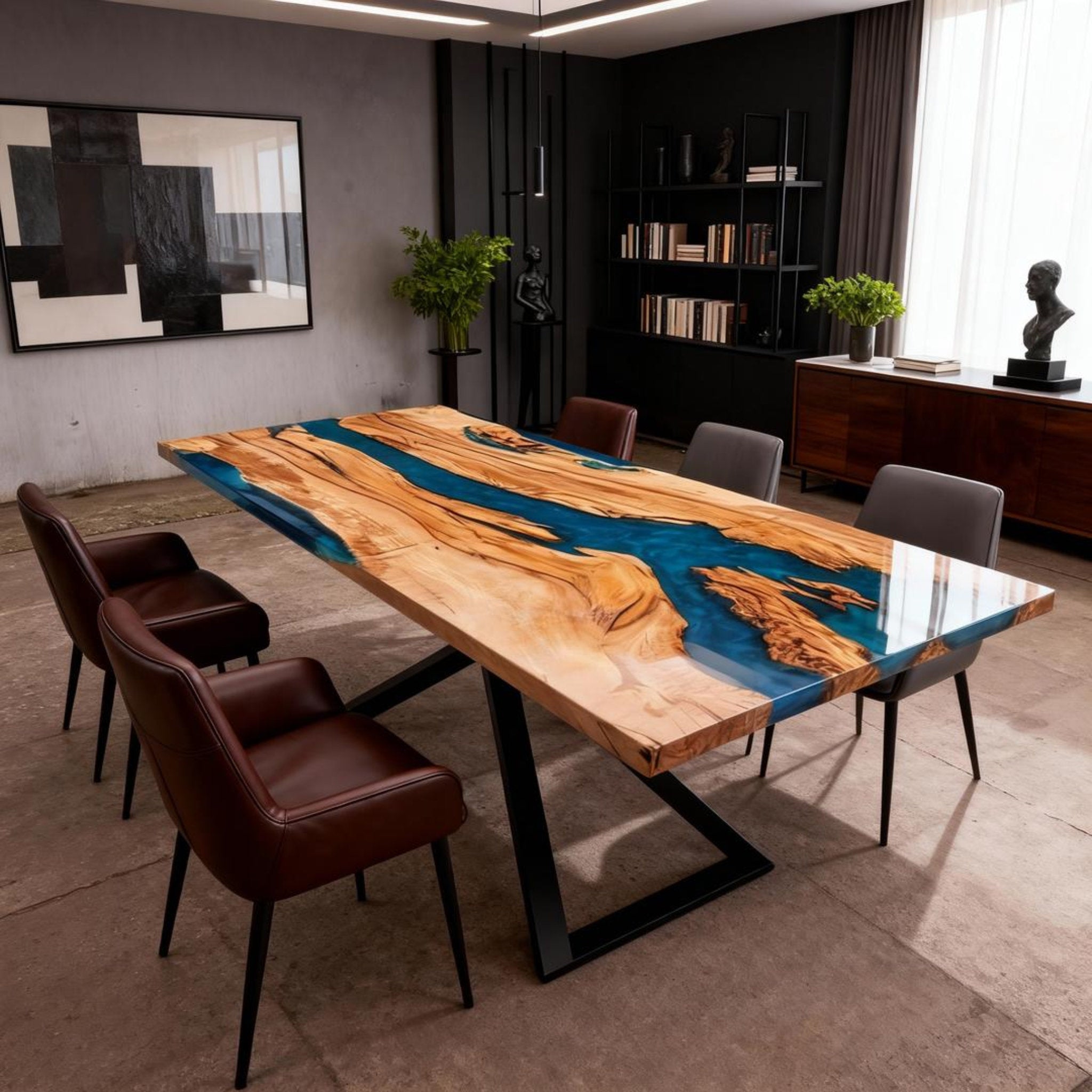 Table rivière sur mesure en bois d'olivier et résine époxy, bleu Égée VJP-684