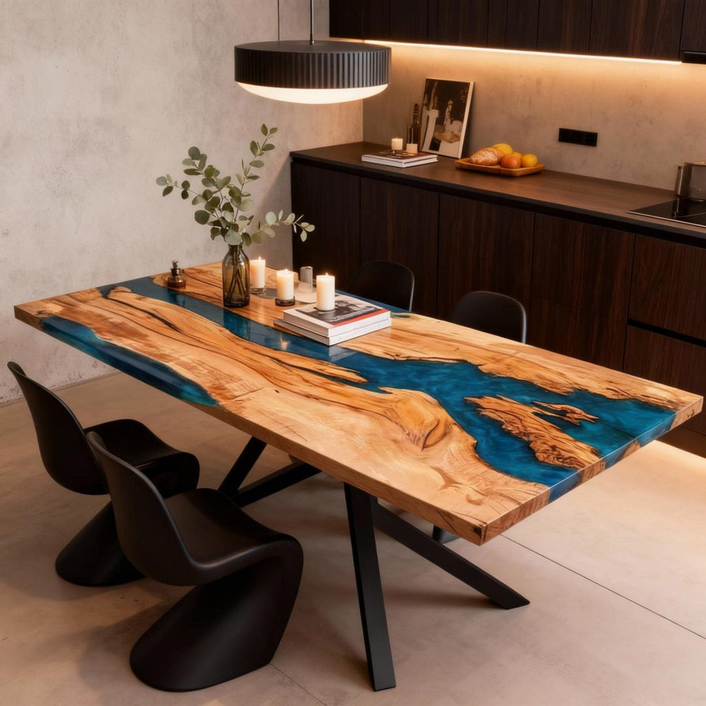 Table rivière sur mesure en bois d'olivier et résine époxy, bleu Égée VJP-684