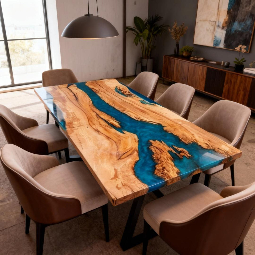 Table rivière sur mesure en bois d'olivier et résine époxy, bleu Égée VJP-684