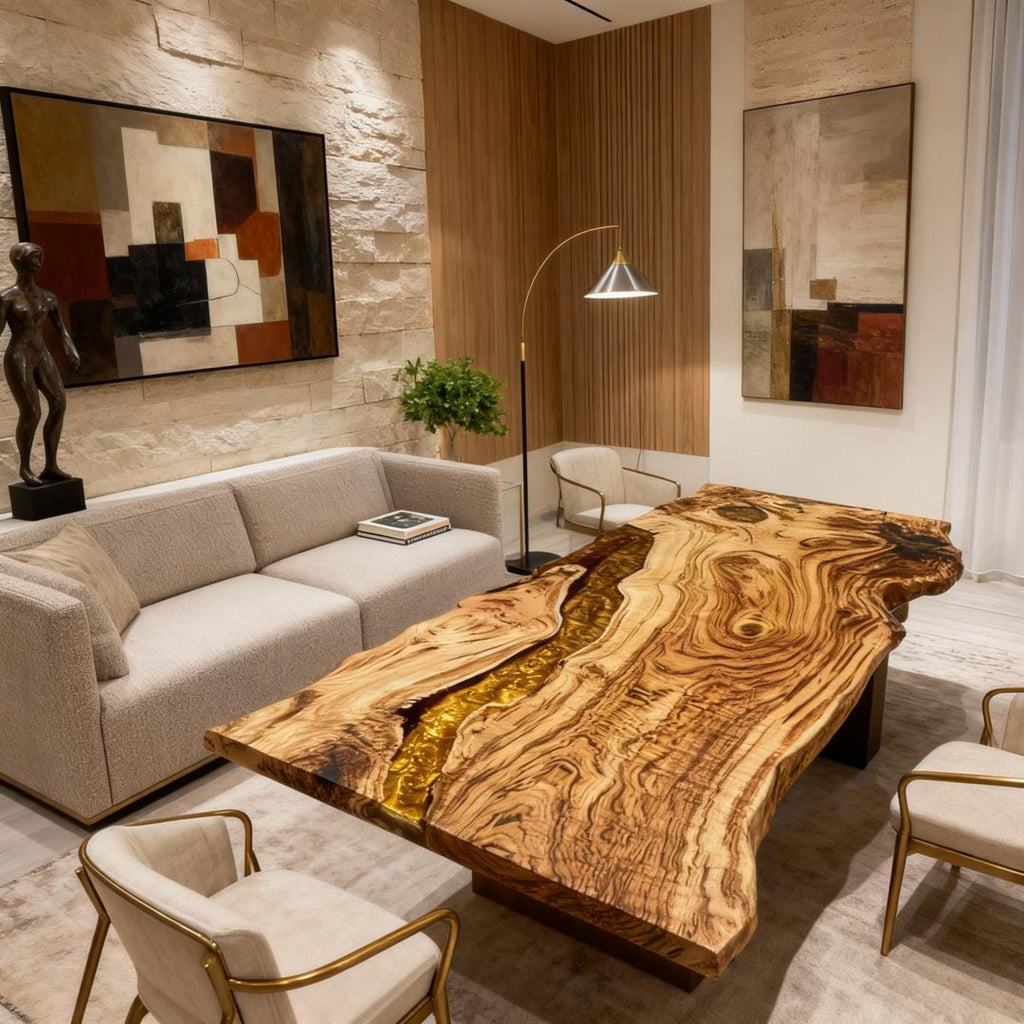 Table rivière personnalisée en résine époxy et bois d'olivier, couleur or ambré, JQF-824