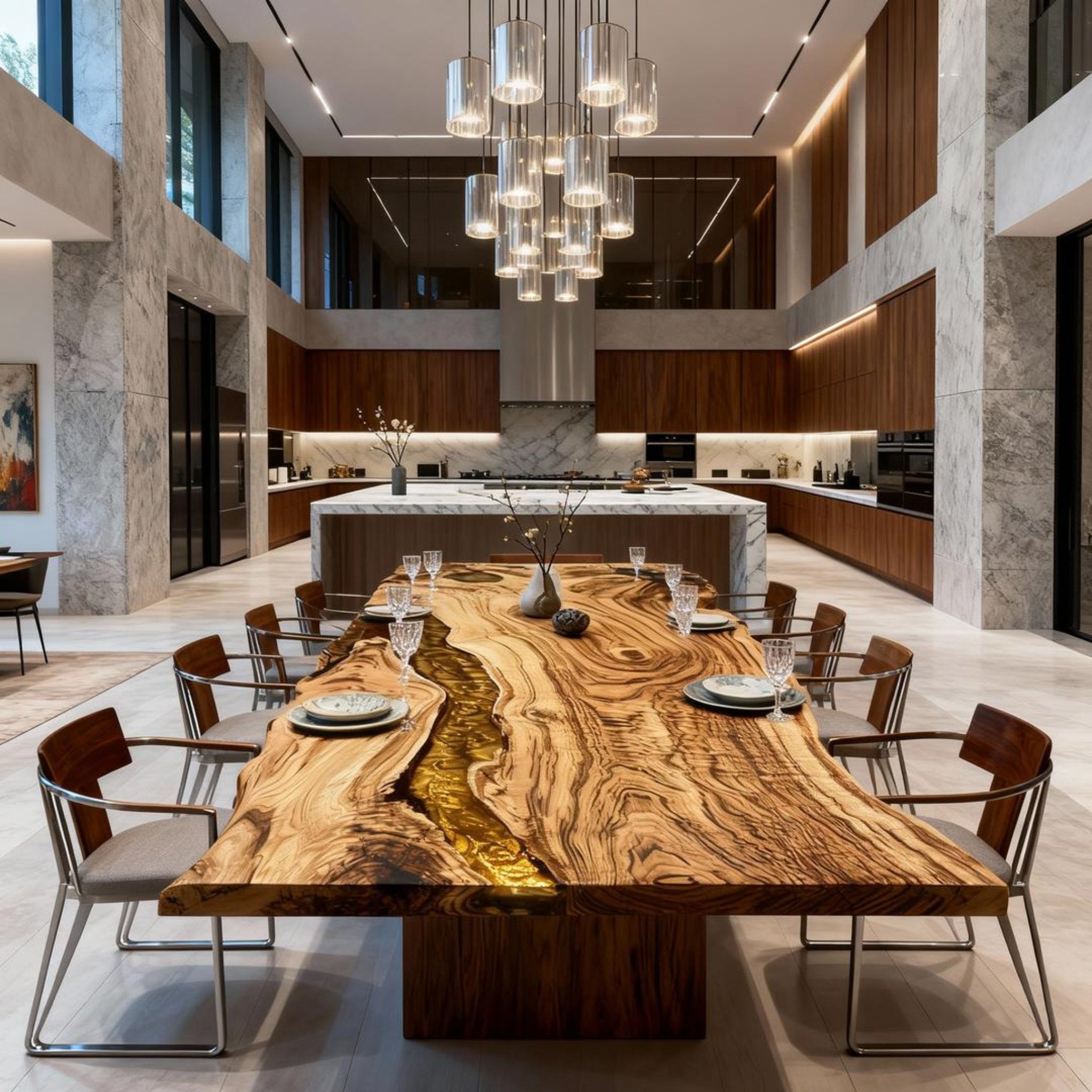 Table rivière personnalisée en résine époxy et bois d'olivier, couleur or ambré, JQF-824