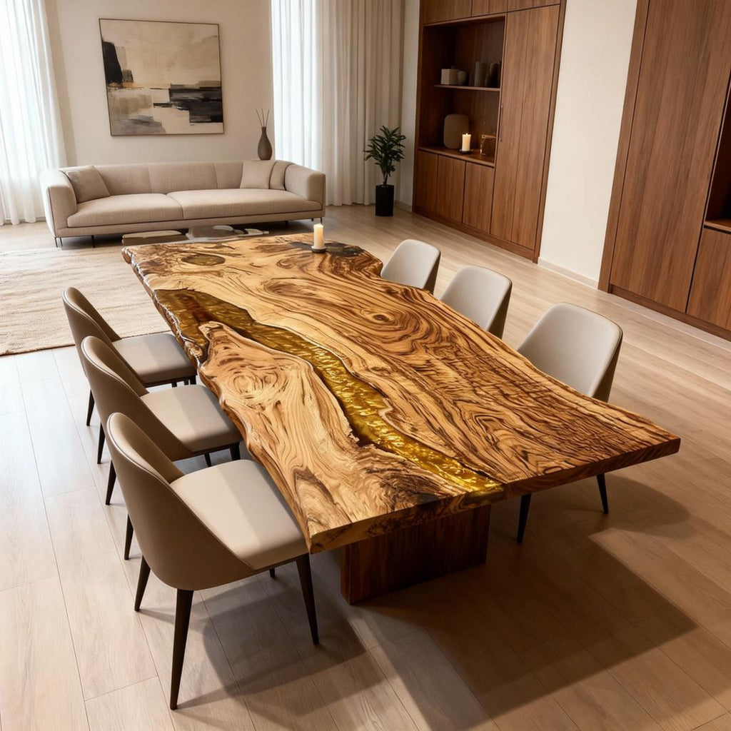 Table rivière personnalisée en résine époxy et bois d'olivier, couleur or ambré, JQF-824