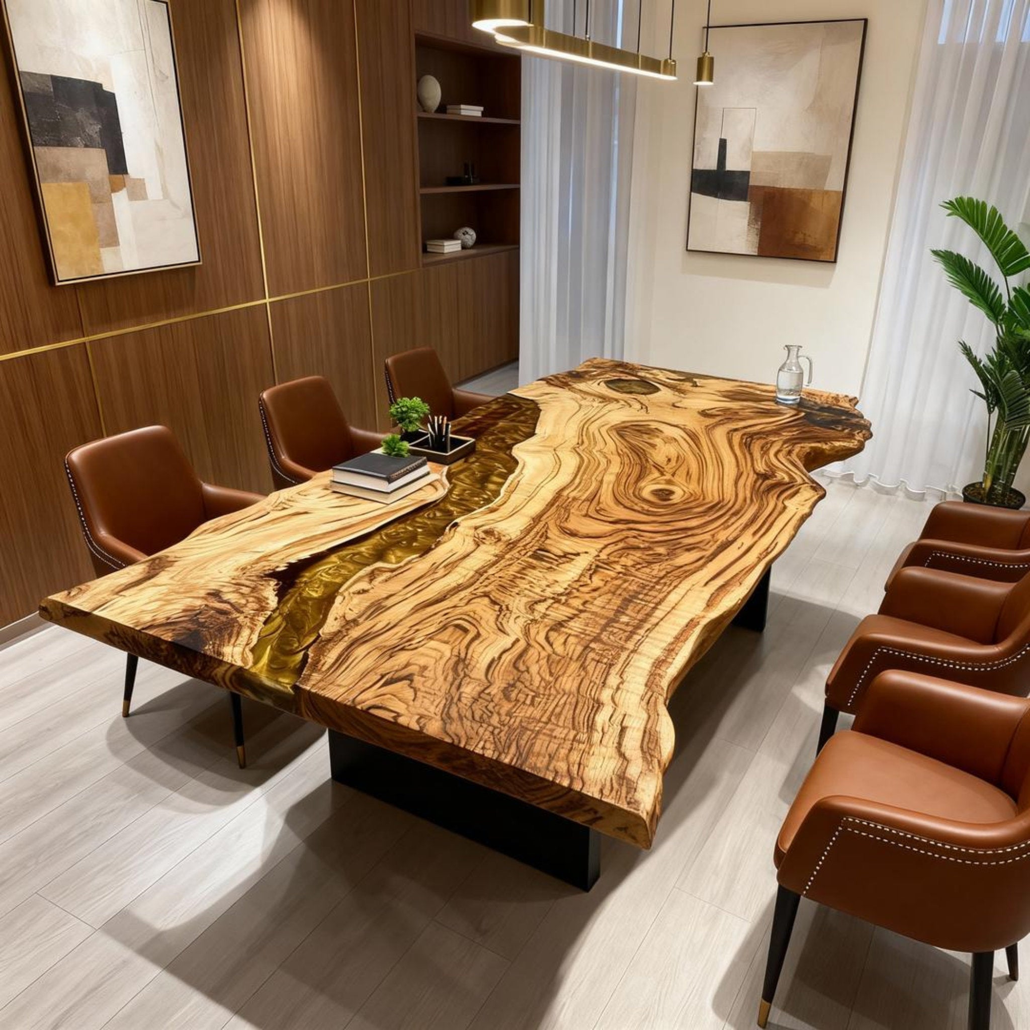 Table rivière personnalisée en résine époxy et bois d'olivier, couleur or ambré, JQF-824