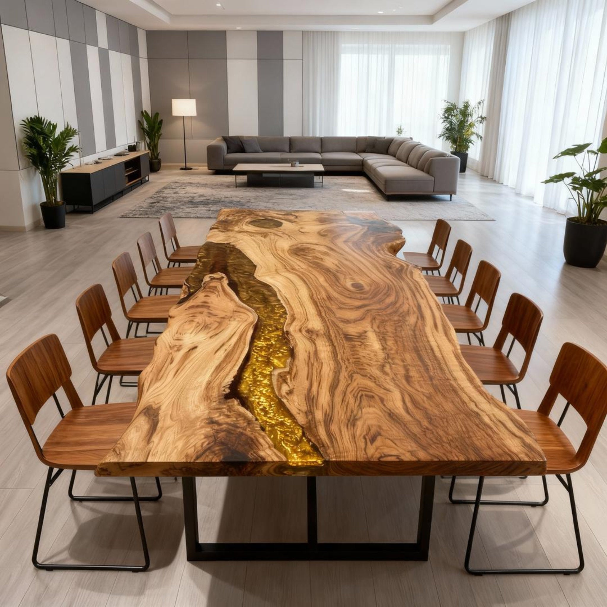 Table rivière personnalisée en résine époxy et bois d'olivier, couleur or ambré, JQF-824