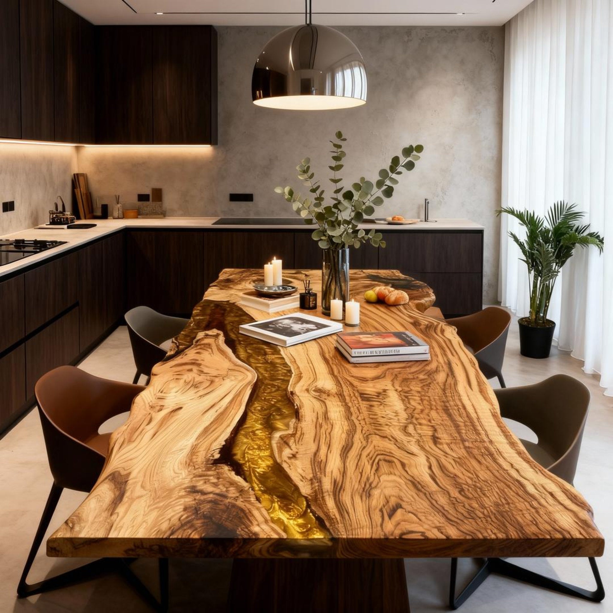 Table rivière personnalisée en résine époxy et bois d'olivier, couleur or ambré, JQF-824