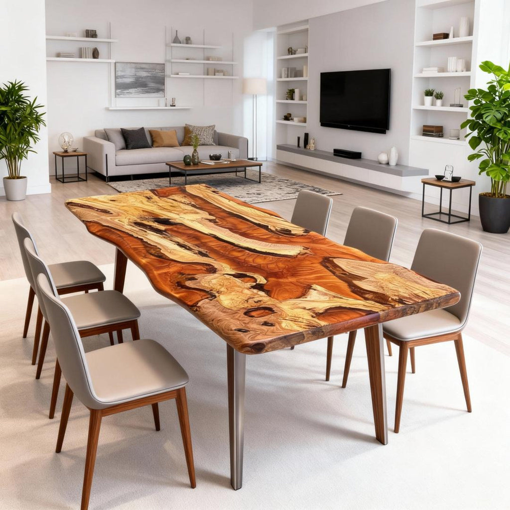 Table rivière personnalisée en résine époxy et bois d'olivier, couleur or ambré VKT-593