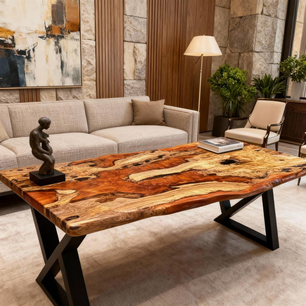 Table rivière personnalisée en résine époxy et bois d'olivier, couleur or ambré VKT-593