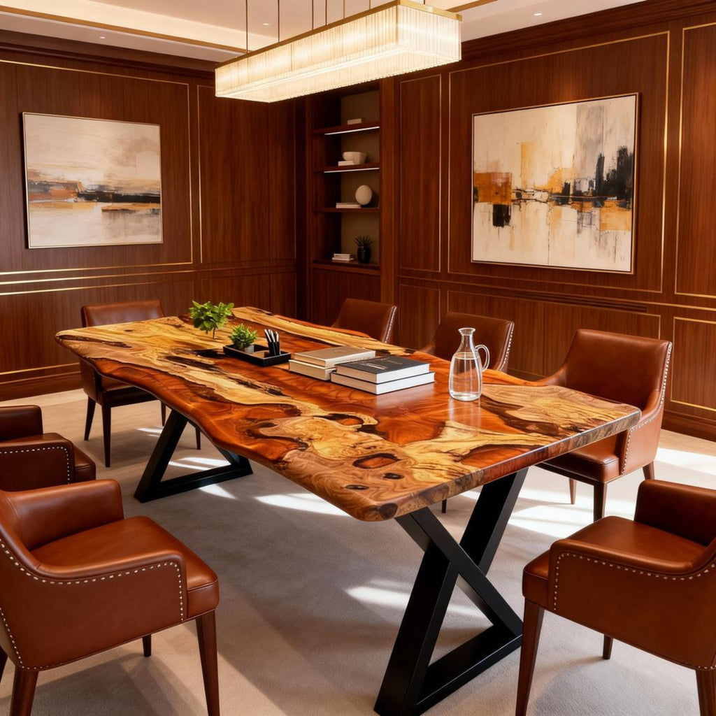 Table rivière personnalisée en résine époxy et bois d'olivier, couleur or ambré VKT-593