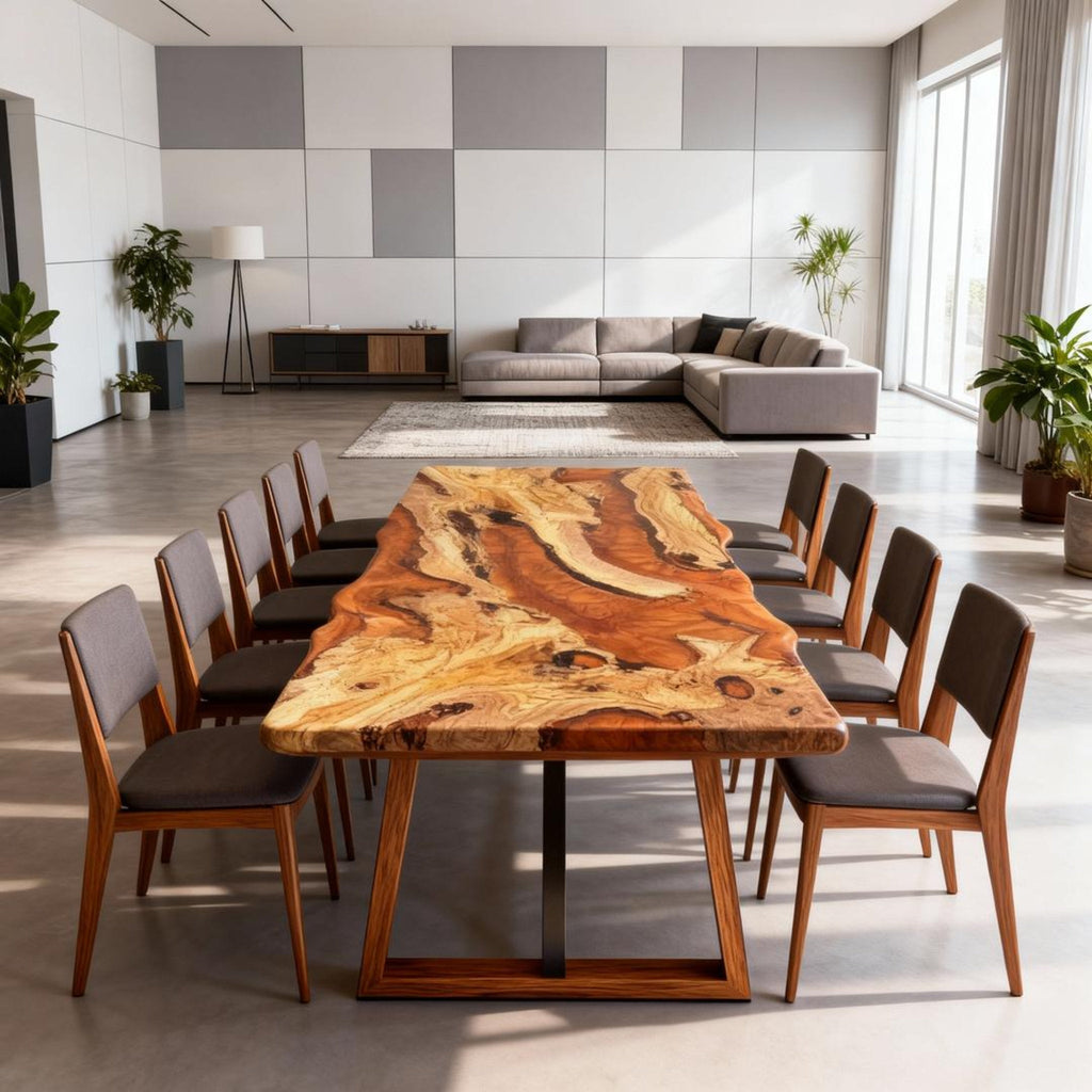 Table rivière personnalisée en résine époxy et bois d'olivier, couleur or ambré VKT-593