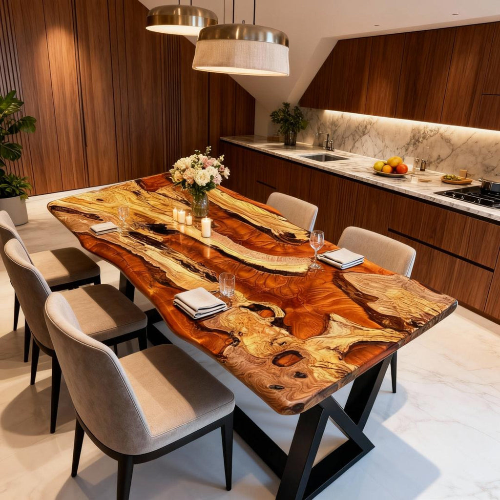 Table rivière personnalisée en résine époxy et bois d'olivier, couleur or ambré VKT-593