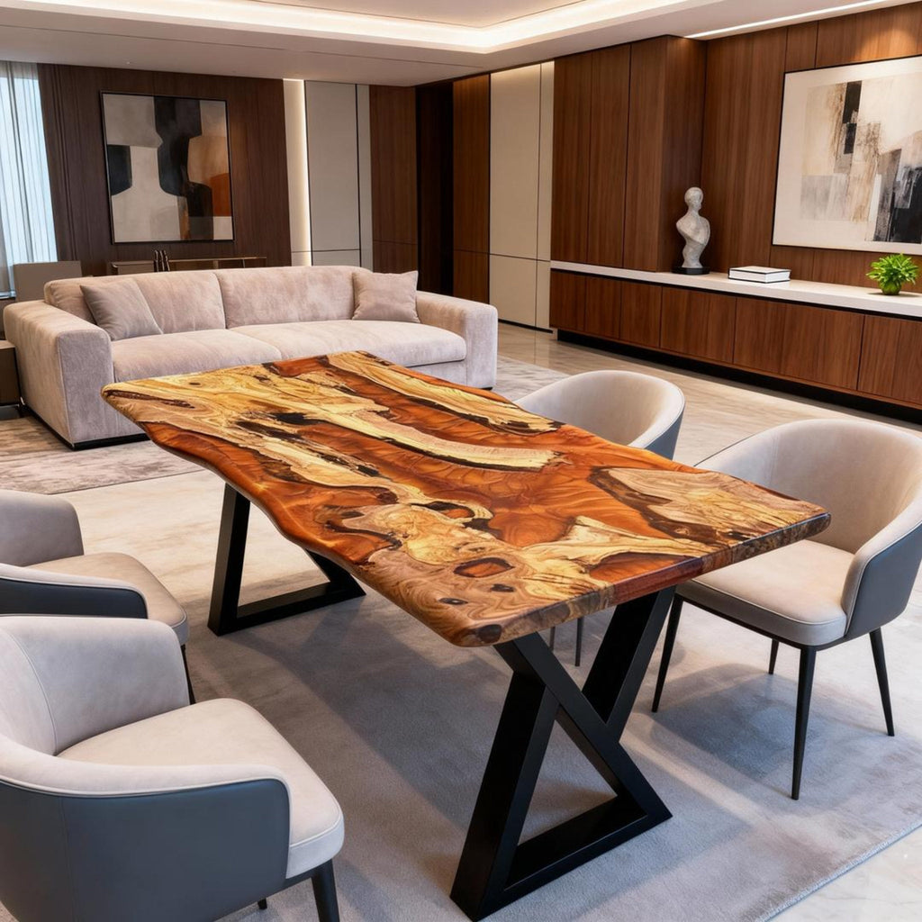 Table rivière personnalisée en résine époxy et bois d'olivier, couleur or ambré VKT-593