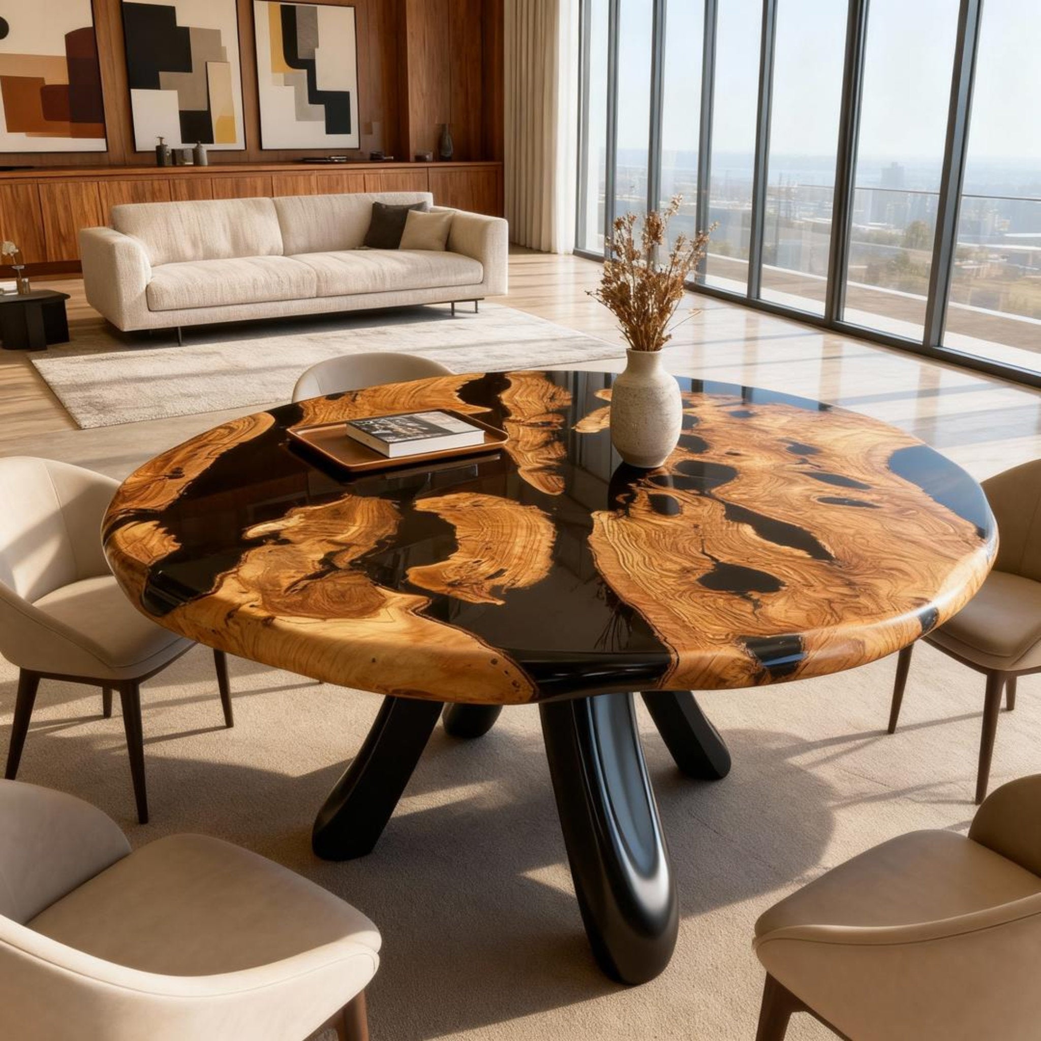 Table rivière sur mesure en bois d'olivier et résine époxy Black Pearl LQH-783