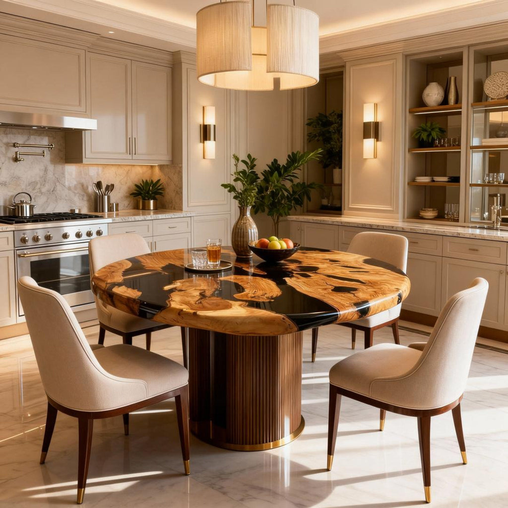 Table rivière sur mesure en bois d'olivier et résine époxy Black Pearl LQH-783