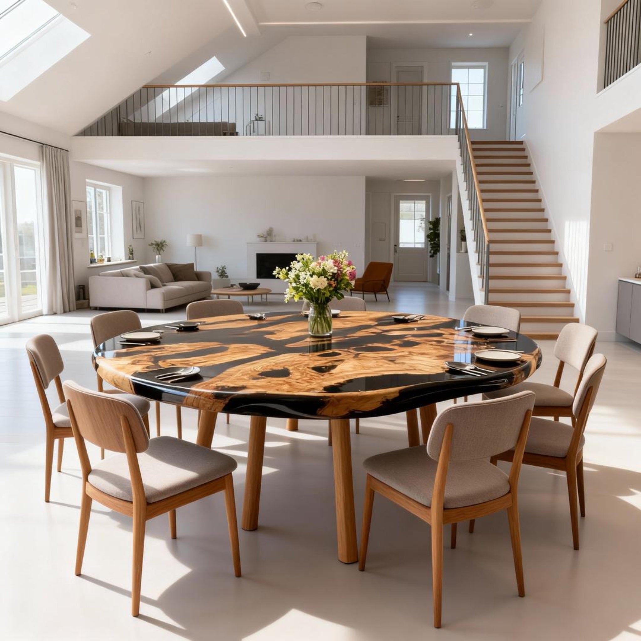 Table rivière sur mesure en bois d'olivier et résine époxy Black Pearl LQH-783