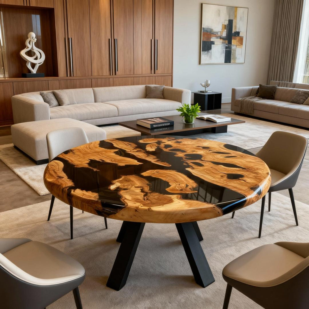 Table rivière sur mesure en bois d'olivier et résine époxy Black Pearl LQH-783