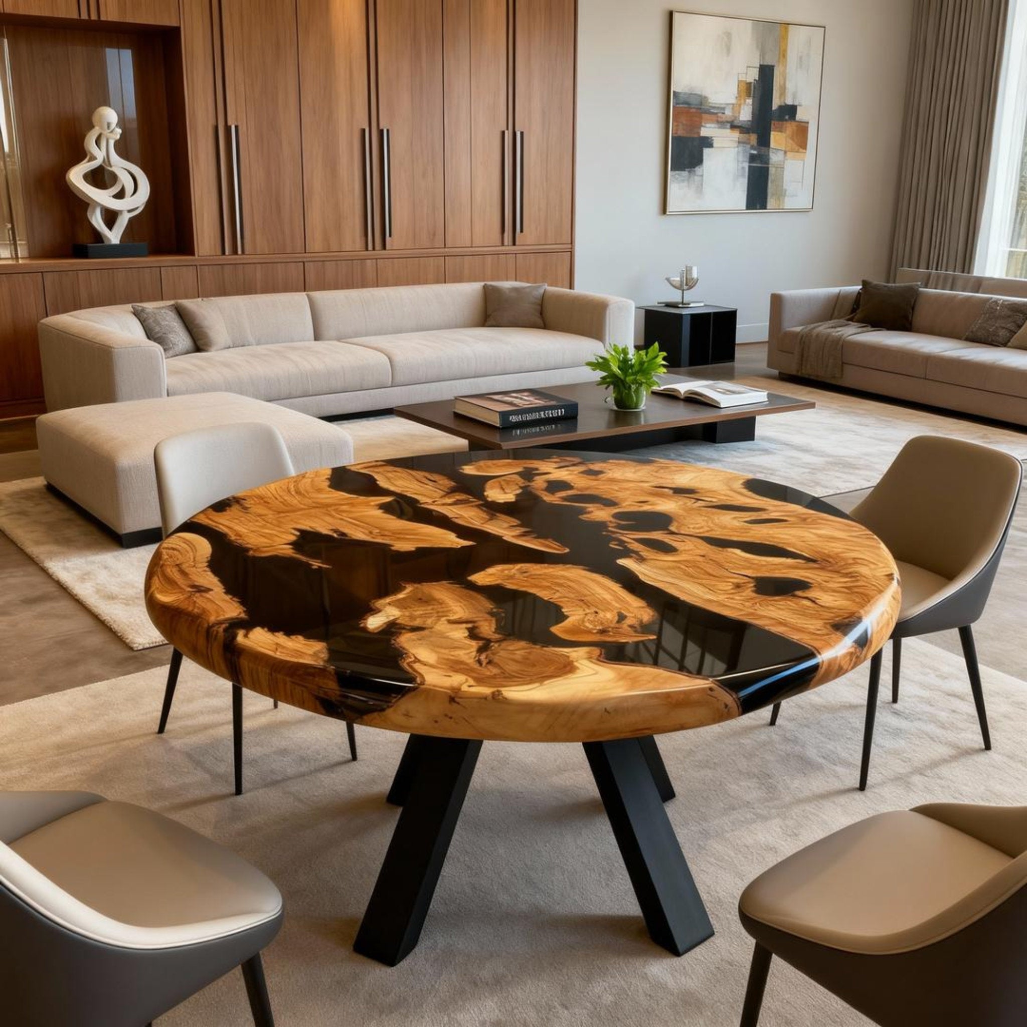 Table rivière sur mesure en bois d'olivier et résine époxy Black Pearl LQH-783