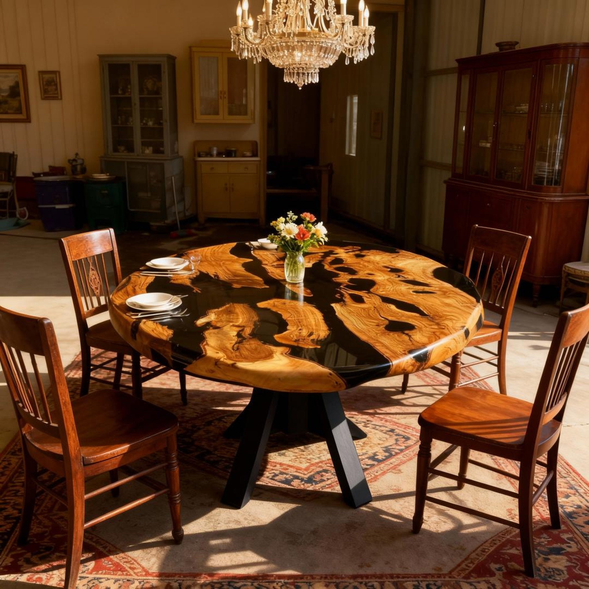 Table rivière sur mesure en bois d'olivier et résine époxy Black Pearl LQH-783