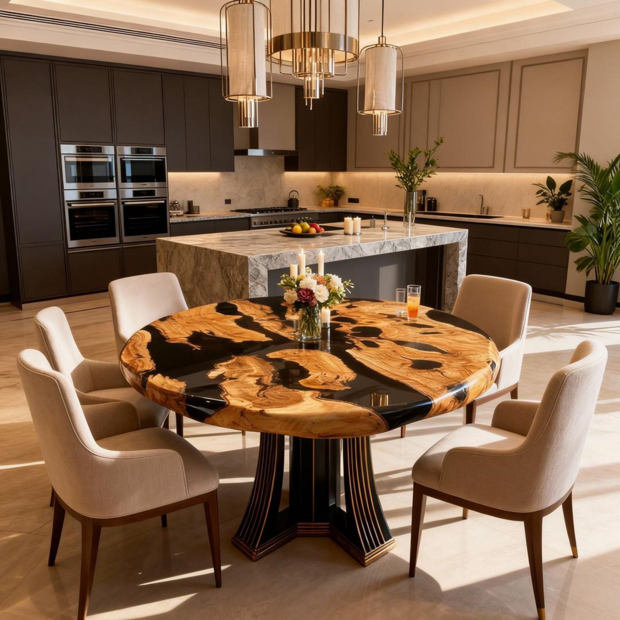 Table rivière sur mesure en bois d'olivier et résine époxy Black Pearl LQH-783