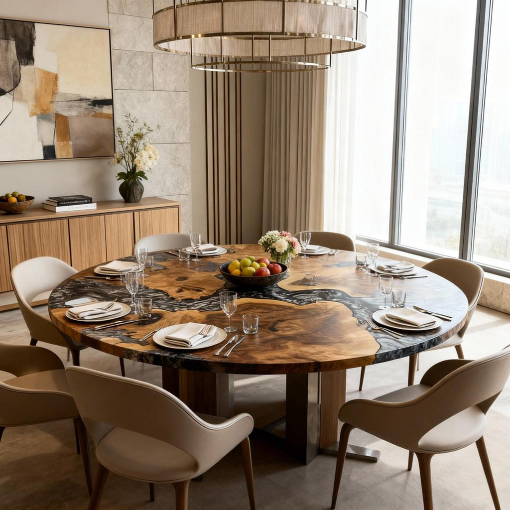 Table rivière sur mesure en bois d'olivier et résine époxy Black Pearl LQJ-472