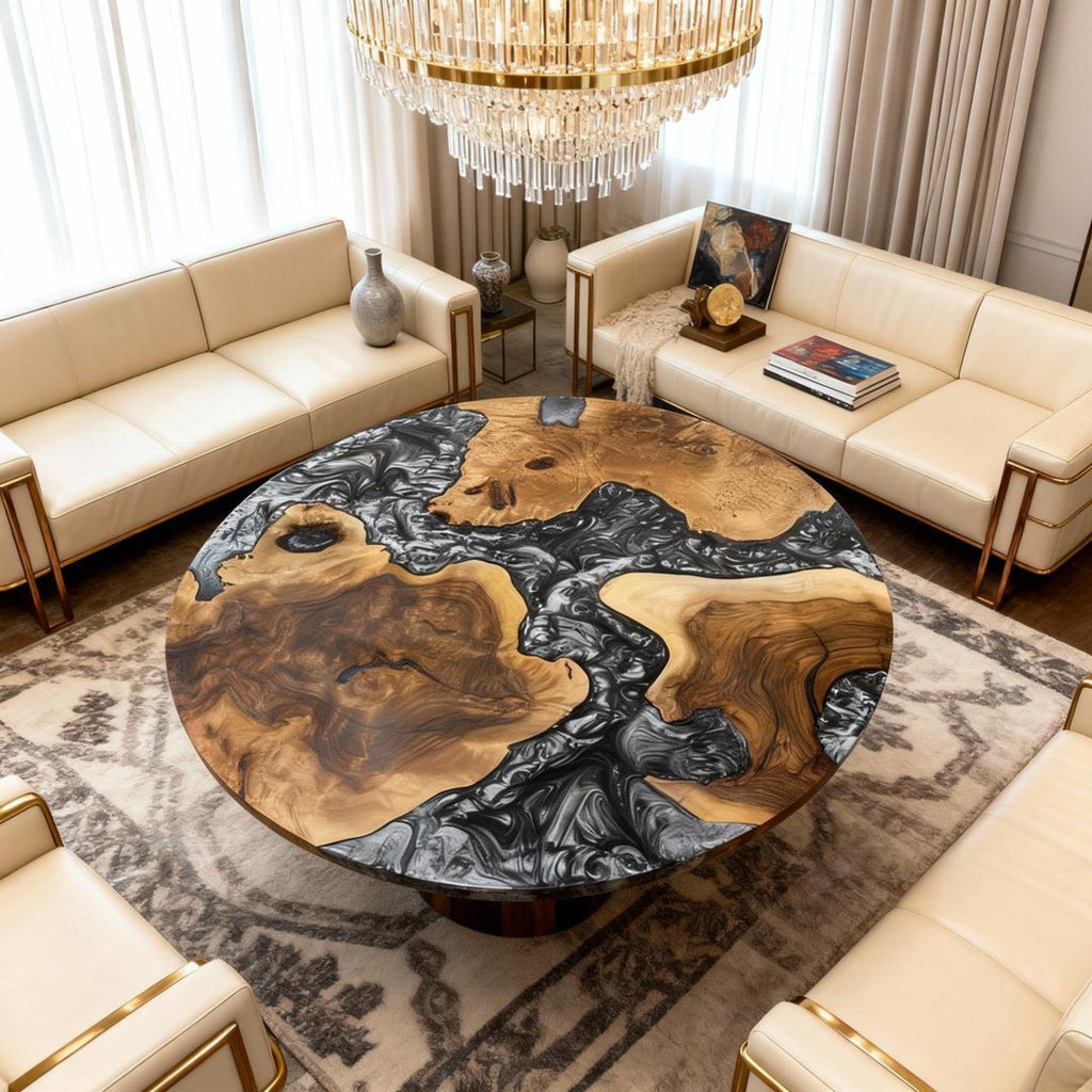 Table rivière sur mesure en bois d'olivier et résine époxy Black Pearl LQJ-472