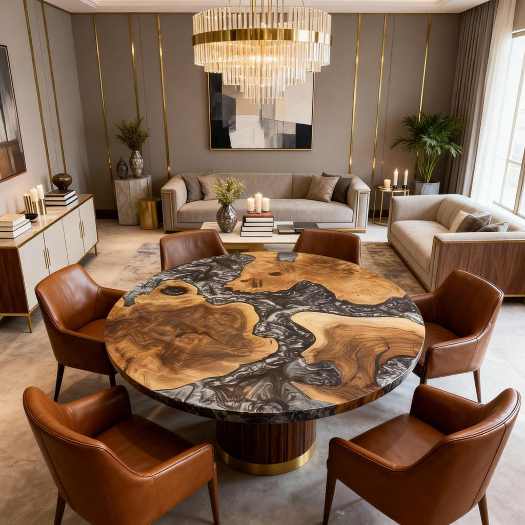 Table rivière sur mesure en bois d'olivier et résine époxy Black Pearl LQJ-472