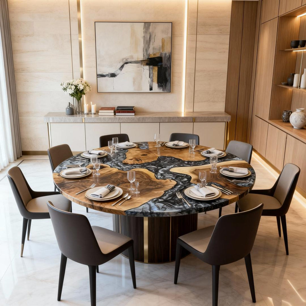 Table rivière sur mesure en bois d'olivier et résine époxy Black Pearl LQJ-472