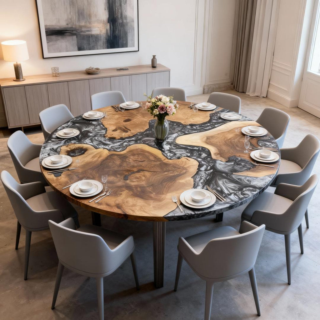 Table rivière sur mesure en bois d'olivier et résine époxy Black Pearl LQJ-472